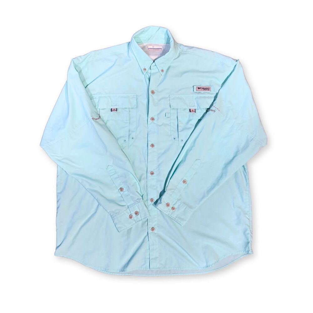 Columbia PFG Fishing Shirt Men L Light Blue Long Sleeve‎ Vented